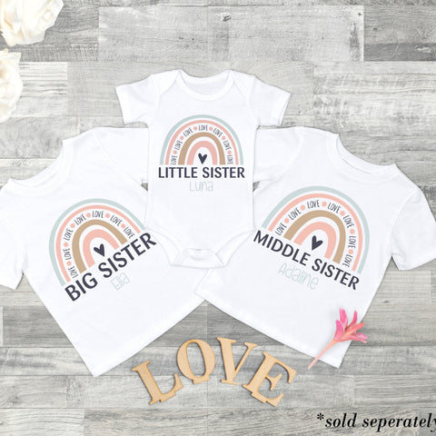 Big , middle, little sister sibling t shirt cute rainbow design