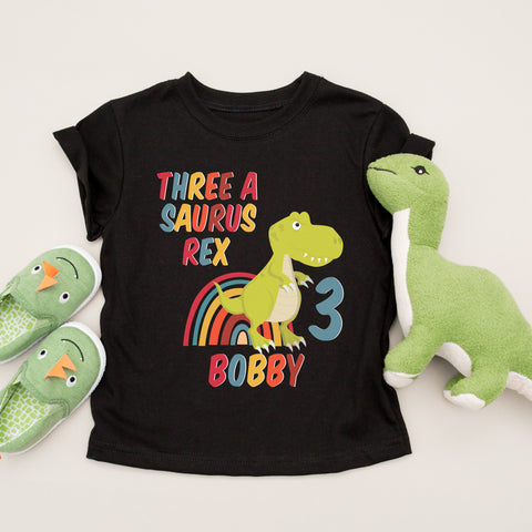 Three a saurus rex personalised black 3rd birthday dinosaur t-shirt