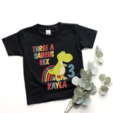 Three a saurus rex personalised black 3rd birthday dinosaur t-shirt