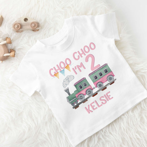 Choo Choo I'm two girls personalised train second birthday Tshirt pink
