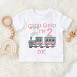Choo Choo I'm two girls personalised train second birthday Tshirt pink