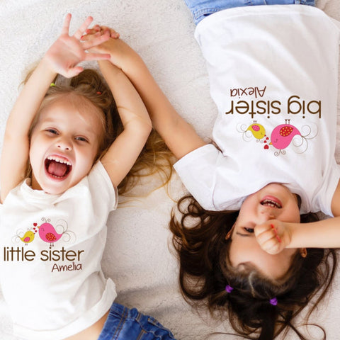 Big sister little sister whimsical birds personalised   sibling T- shirts Baby/toddler/kids/children