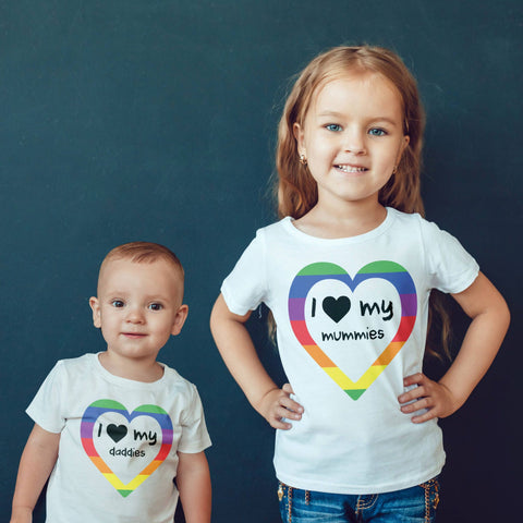 Rainbow Heart I Love My Two Mummies/Daddies Kids T-Shirt | Gay Pride Children's Tee