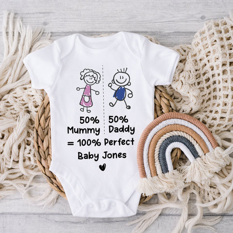 Personalised 50% Daddy 50 percent Mummy 100  percent Perfect - baby vest - bodysuit  cute babygrow
