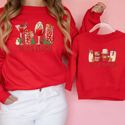Matching family Christmas jumpers,Cocktails or cocoa "tis the season" twinning mummy and me, daddy and me  sweatshirt in red or green