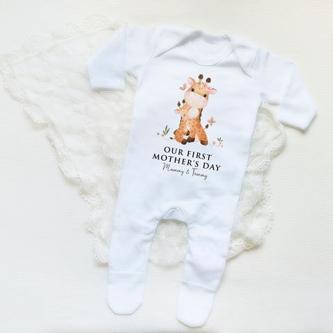 Personalised 1st Mother's Day Giraffe Babygrow, first mothers day sleepsuit,bodysuit or bib