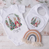 Babys first Christmas personalised peter Rabbit inspired christmas outfit, Christmas day babygrow, xmas baby bodysuit and bib, my 1st xmas