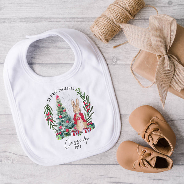 Babys first Christmas personalised peter Rabbit inspired christmas outfit, Christmas day babygrow, xmas baby bodysuit and bib, my 1st xmas