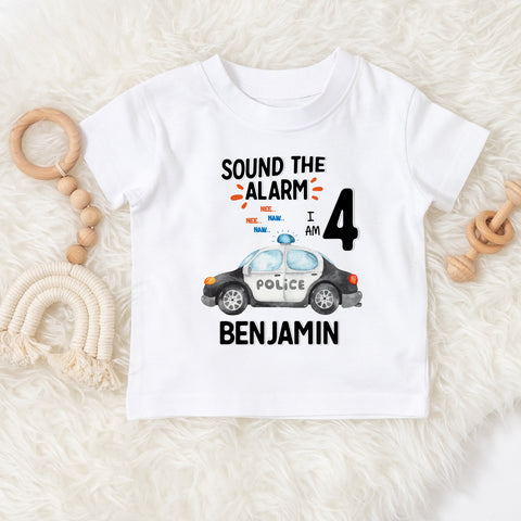 Personalised sound the alarm policed themed birthday tshirt